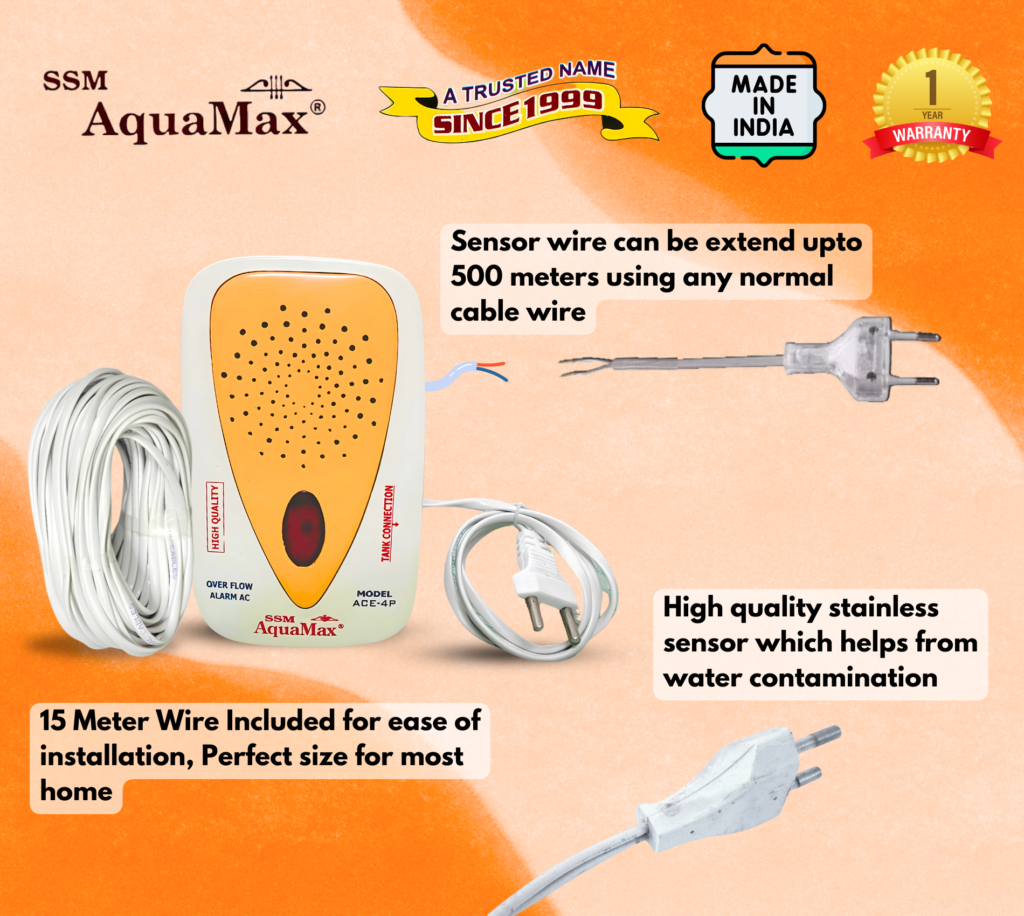 SSM Aquamax ® Water Tank Overflow Alarm with 15 Meter Wire - 220V AC - Loud Human Voice in Hindi and English - 1 Year Warranty (Water Tank Alarm - ACE-4P - Wire)