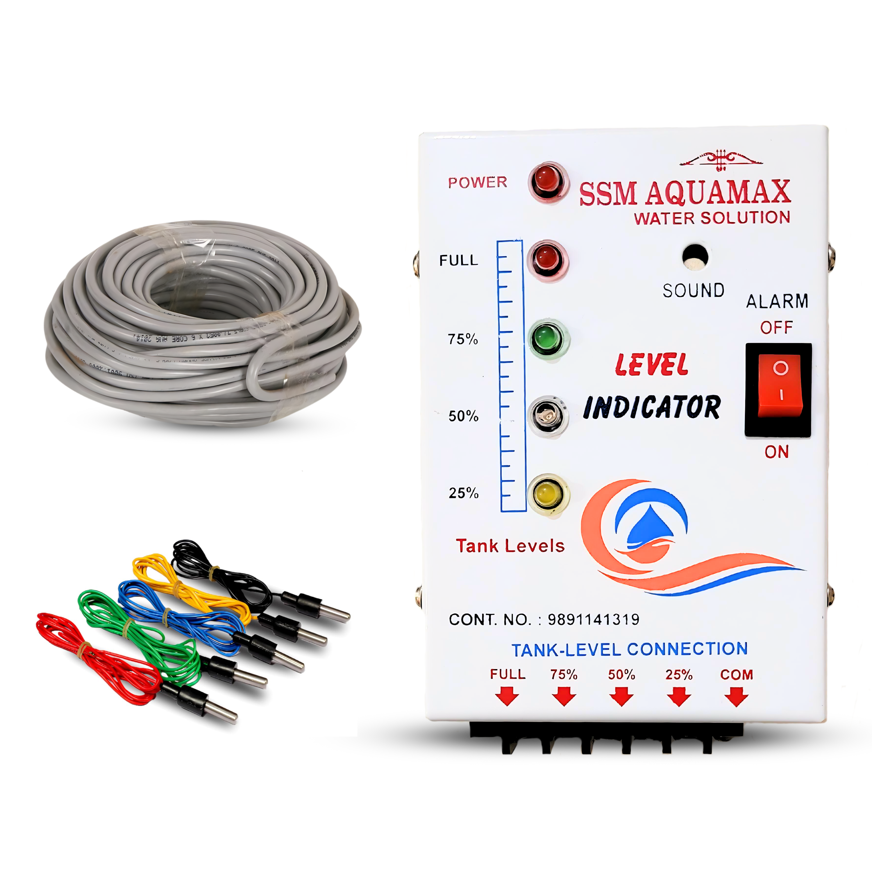 SSM Aquamax ® Water Level Indicator Plus Overflow Alarm,Complete Set of 6 Core Wire, Sensor and 4 Level Indication Device.