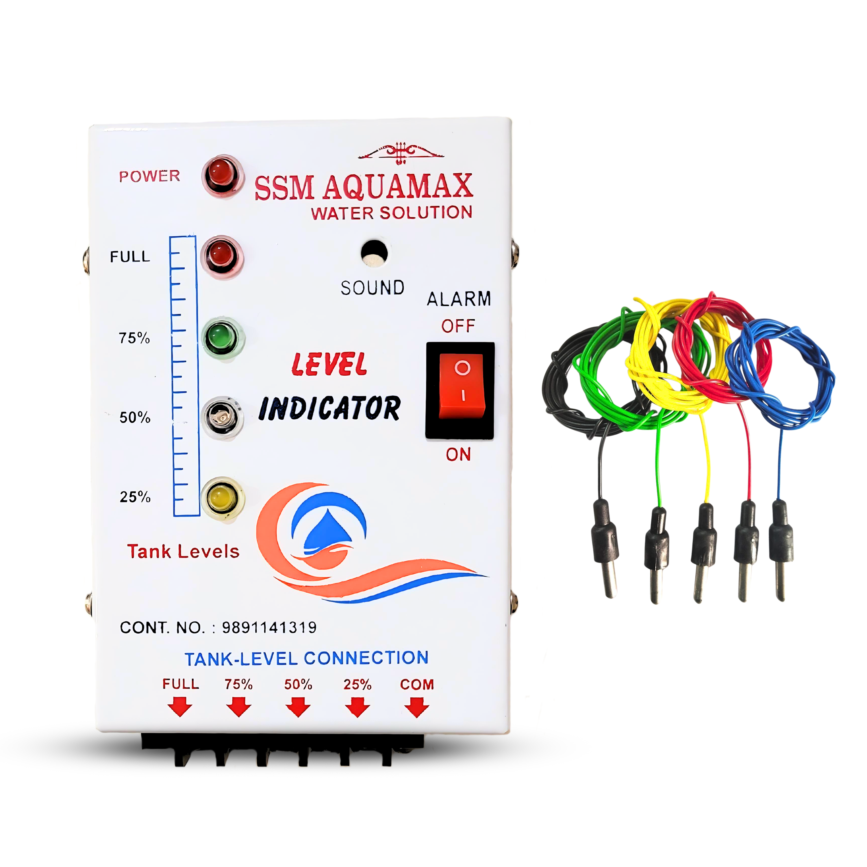 SSM Aquamax ® Water Tank Level Indicator and Overflow Alarm | 4 Level Indicator | 5 Stainless Steel Sensors Included, Metal Body, Shockproof, Wall Mountable, 1 Year Warranty, 220 Volt AC