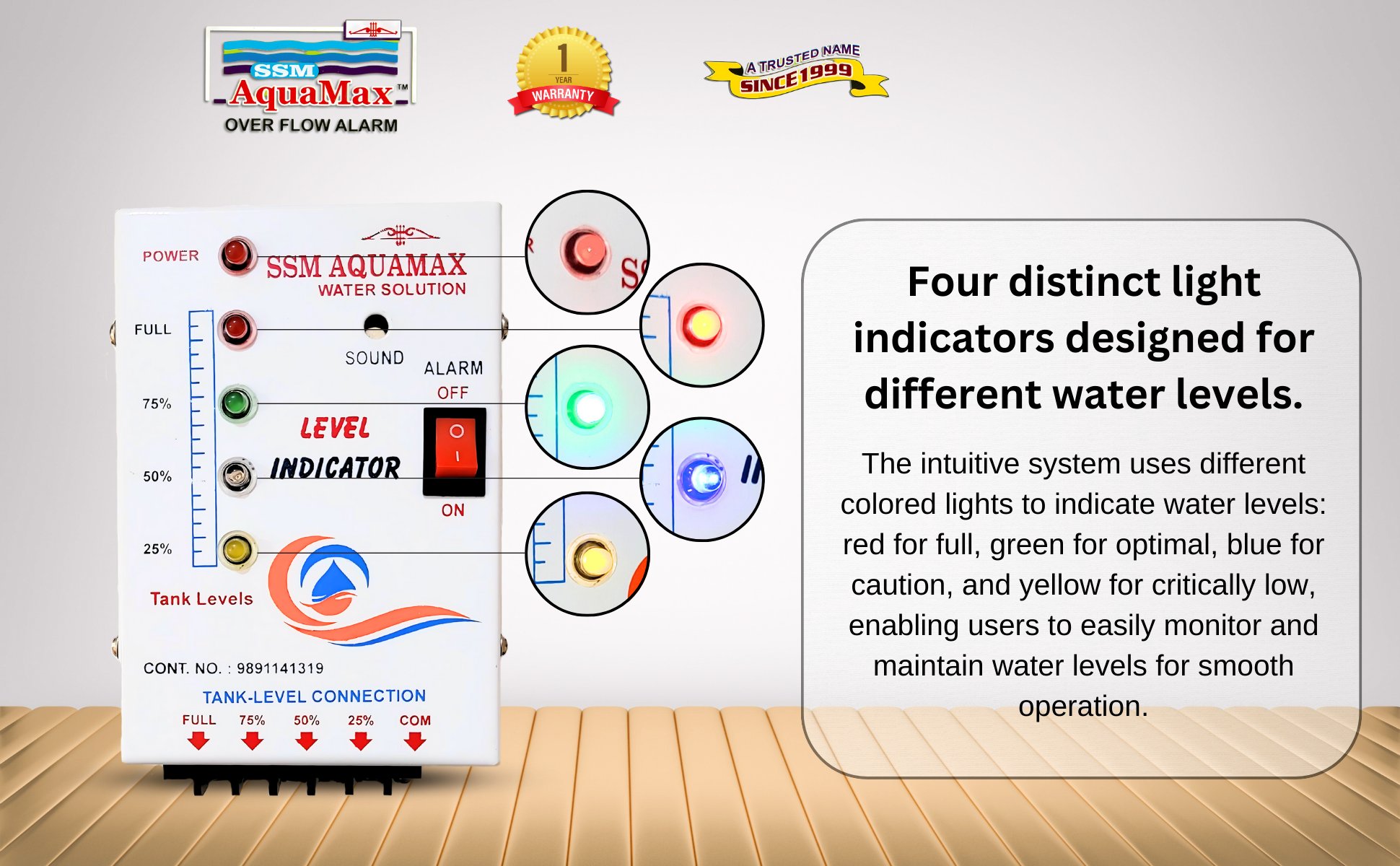 SM Aquamax ® Water Level Indicator Plus Overflow Alarm,Complete Set of 6 Core Wire, Sensor and 4 Level Indication Device.